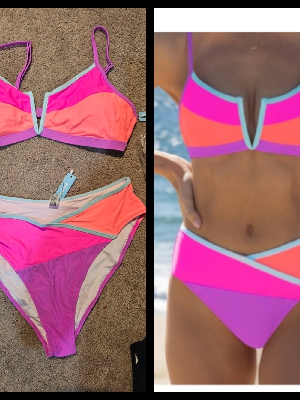 Popvil - Neon V-Notch Colorblock Bikini Set in Pink & Coral
